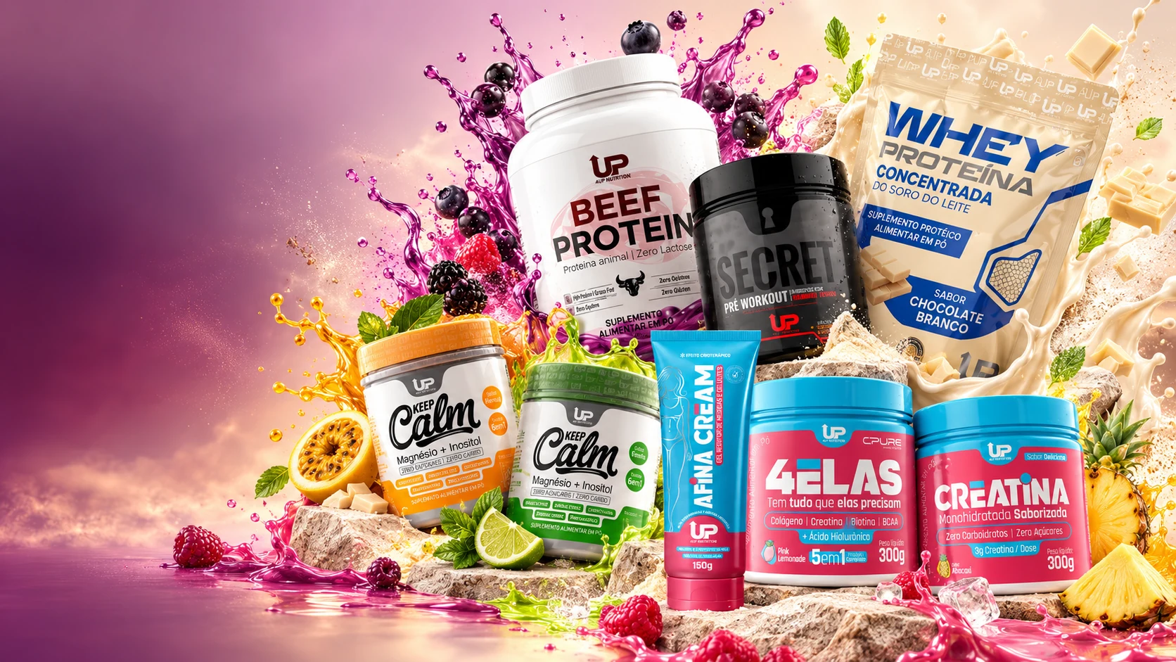 Linha 4UP Nutrition: Beef Protein, Secret Pré-Workout, Whey Proteína Concentrada, KeepCalm, AfinaCream, 4ELAS e Creatina Saborizada